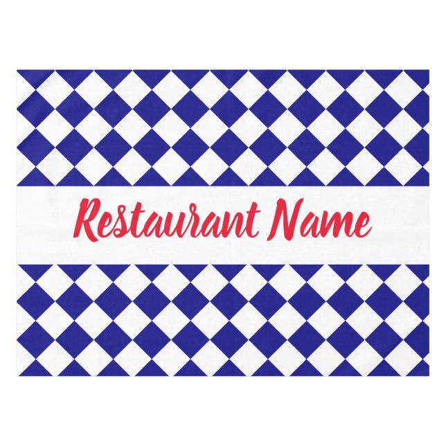 Restaurant Name Dark Blue & White Checkerboard Tablecloth (Front (Horizontal))