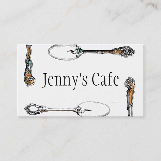 restaurant or cafe business card, antique cutlery card (Front)