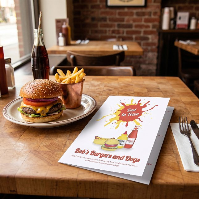 Restaurant QR Code Hamburger Hot Dog Laminated  Menu (Hamburger and Hot Dog with ketchup and mustard splatters laminated menu. )