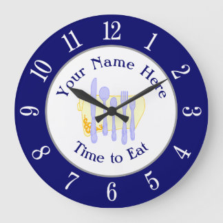 Restaurant Silverware on Blue White Numbers Large Clock