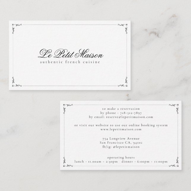 Restaurant Simple White Script Classic Reservation Business Card (Front/Back)