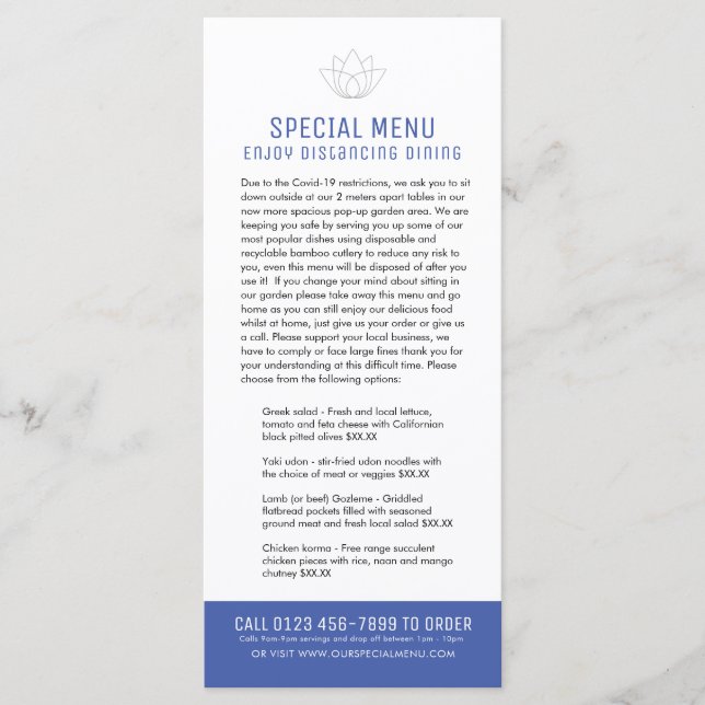 Restaurant special menus restricted customer blue (Front)
