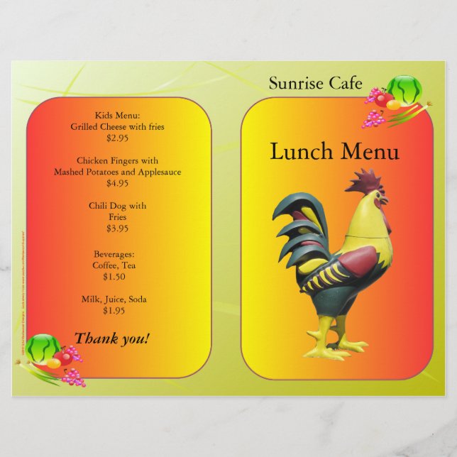 Restaurant Supplies Lunch Menu Sunrise Rooster (Front)