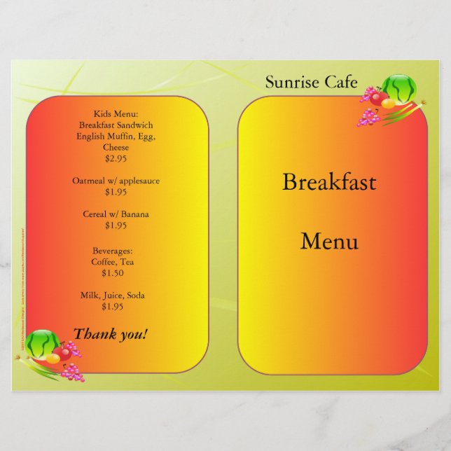 Restaurant Supplies, sample menu, Sunnyside (Front)