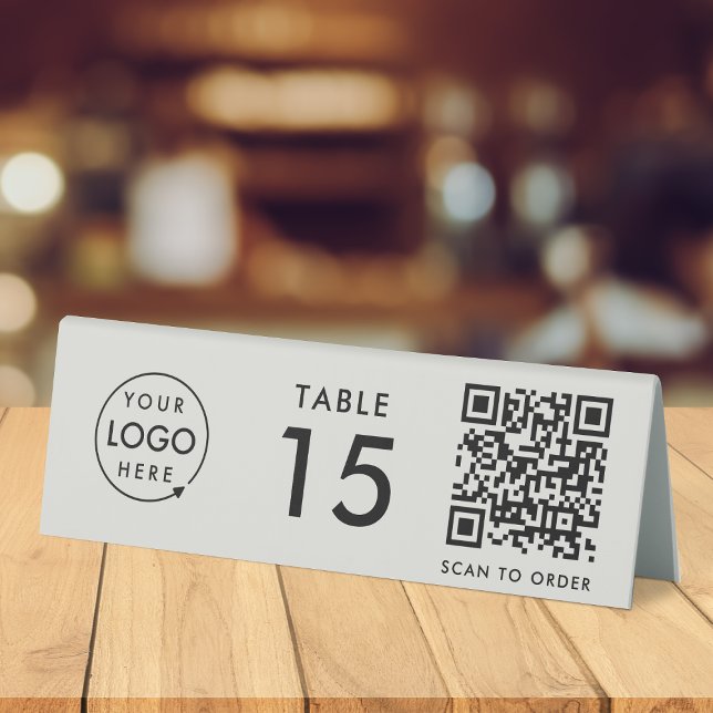 Restaurant Table Number QR Code Scan to Order Gray Table Tent (Interactive "scan to order" QR code table signs for restaurants, bars, cafes & hospitality events.)