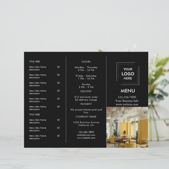 Restaurant Takeout | Black Modern Photo Menu (Standing Front)