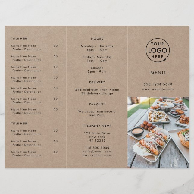 Restaurant Takeout | Rustic Kraft Takeaway Menu (Front)