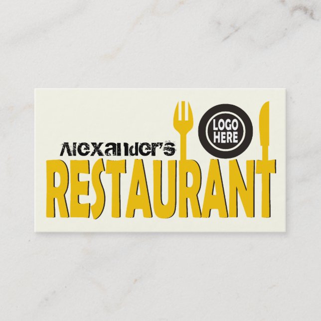 Restaurant text cutlery plate yellow black ivory business card (Front)