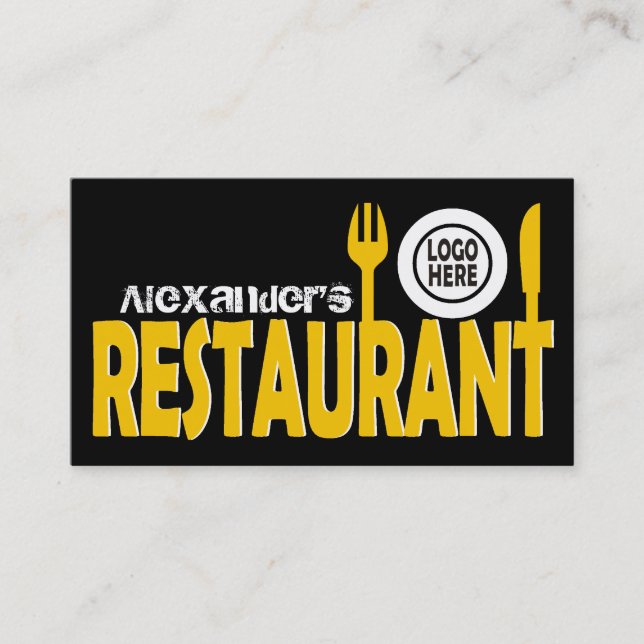 Restaurant text cutlery plate yellow black white business card (Front)