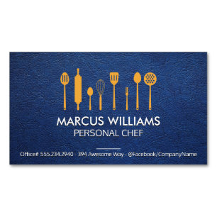 Restaurant Utensils Chef Blue Leather Business Card Magnet