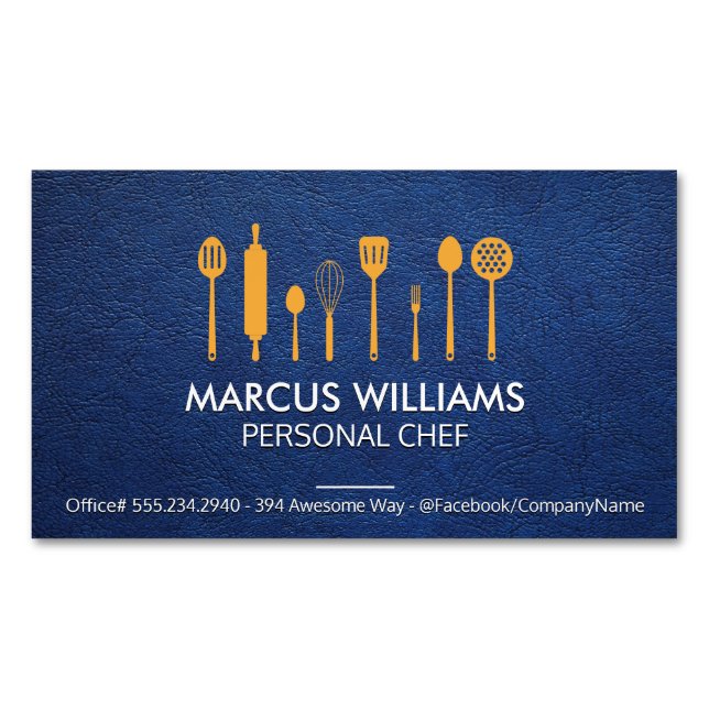Restaurant Utensils | Chef | Blue Leather Business Card Magnet (Front)
