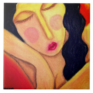 Resting Abstract Oil Pastel Painting of a Woman Ceramic Tile
