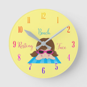 Resting Beach Face Girl on Beachtowel Round Clock