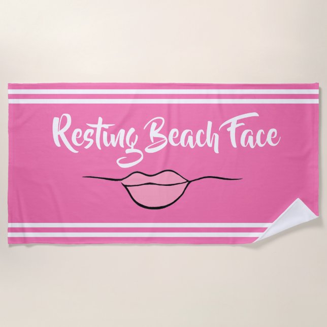 Resting Beach Face "Lips" Hot Pink Beach Towel (Front)