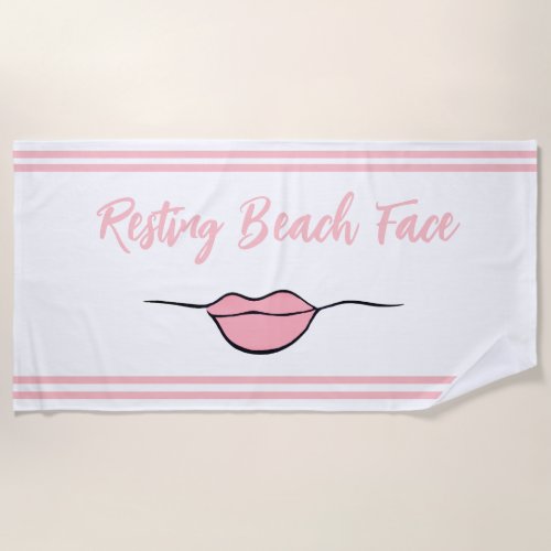 Resting Beach Face Lips White and Pink Beach Towel