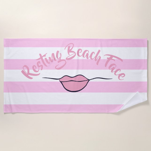 Resting Beach Face Striped Pink and White Towel (Front)