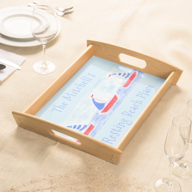 Resting Beach Place Watercolor Sailboat PERSONALIZ Serving Tray (Front)