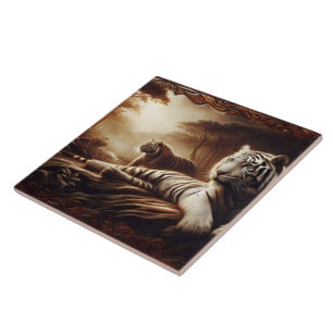 Resting Bengal Tigers in a Lush Forest at Dusk Ceramic Tile