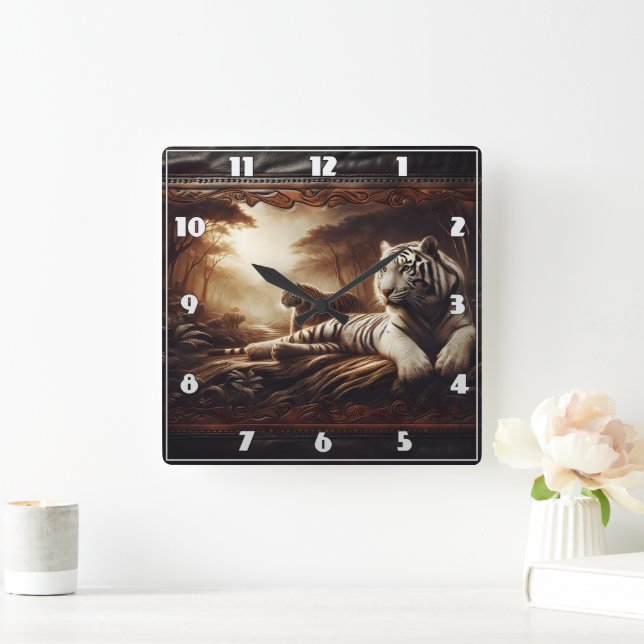 Resting Bengal Tigers in a Lush Forest at Dusk Square Wall Clock (Home)