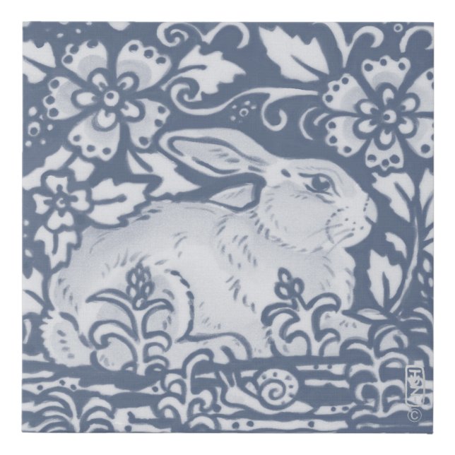 Resting Blue Rabbit Garden Delft Dedham Denim Faux Canvas Print (Front)
