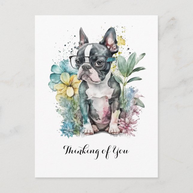 Resting "Boston" Face Boston Puppy Glasses Floral Postcard (Front)