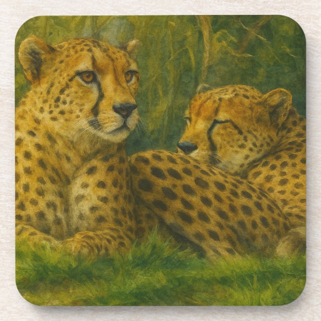 Resting Cheetah Duo in Forest Setting Beverage Coaster (Front)