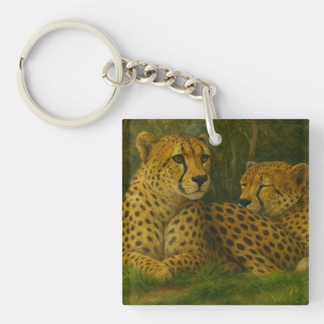 Resting Cheetah Duo in Forest Setting Keychain (Front)