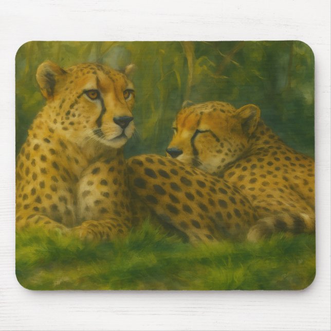 Resting Cheetah Duo in Forest Setting Mouse Pad (Front)