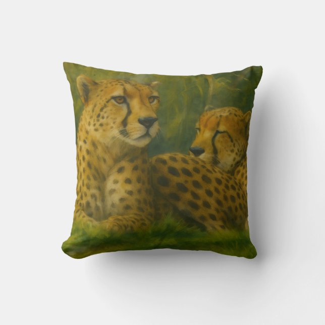 Resting Cheetah Duo in Forest Setting Throw Pillow (Front)