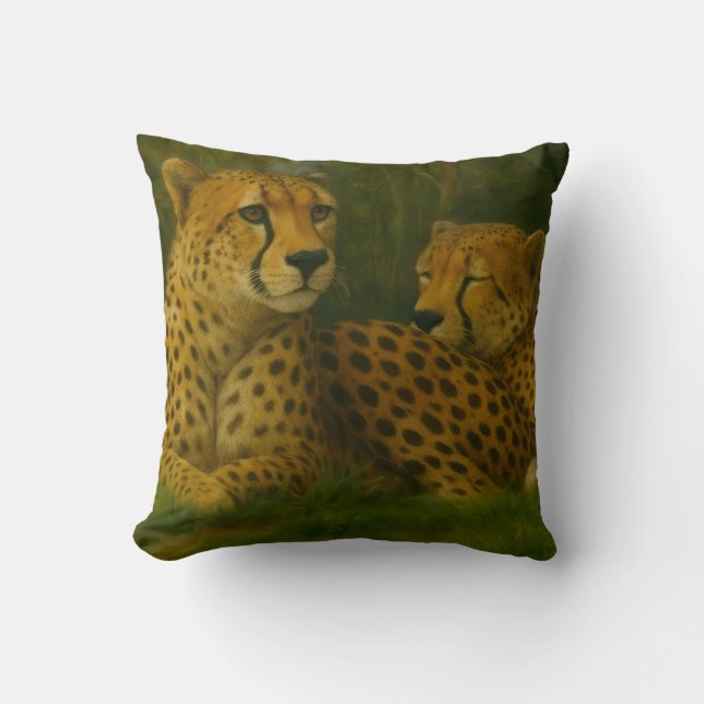 Resting Cheetah Duo in Forest Setting Throw Pillow (Front)