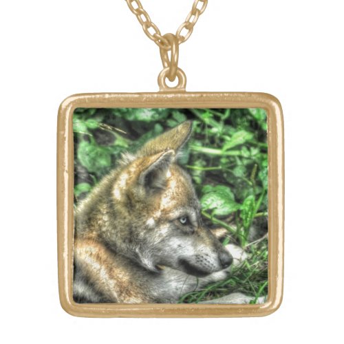 Resting Grey Wolf Pup Wildlife Gift Gold Plated Necklace