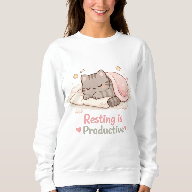 Resting is Productive Cute Kitty Cat Hygge Warm Sweatshirt (Front)