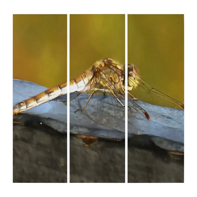 Resting Ochre Brown Dragonfly Realistic Painting Triptych (Front)