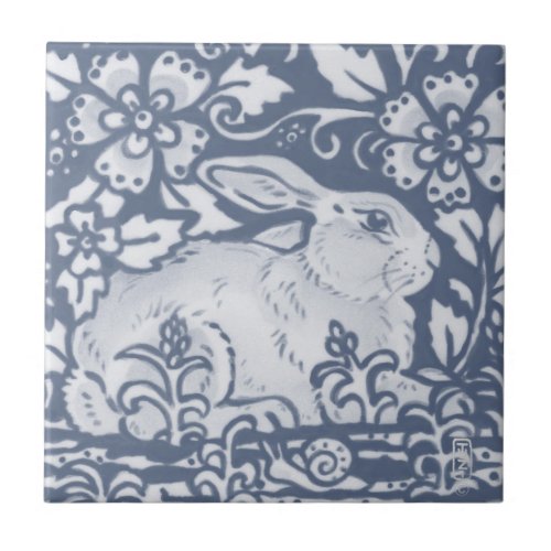 Resting Rabbit Blue White Botanical Dedham Delft Ceramic Tile