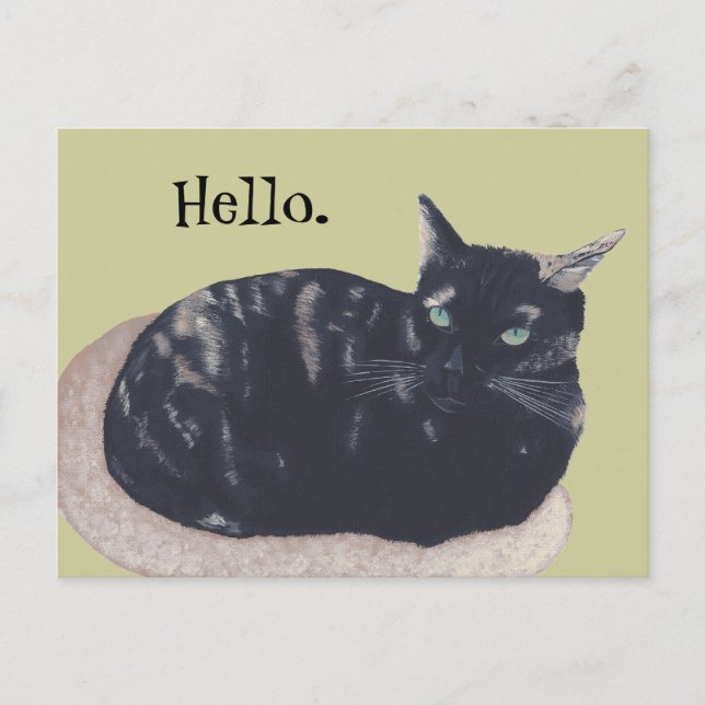 Resting Tortoise Shell Cat Painting Hello Postcard (Front)