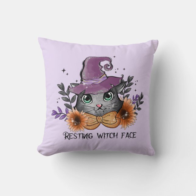 Resting Witch Face – Cat with Witch Hat Throw Pillow (Front)