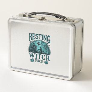 Resting Witch Face Halloween Haunted House Cauldro Metal Lunch Box