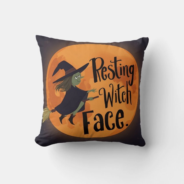 Resting Witch Face Halloween Moon Throw Pillow (Front)