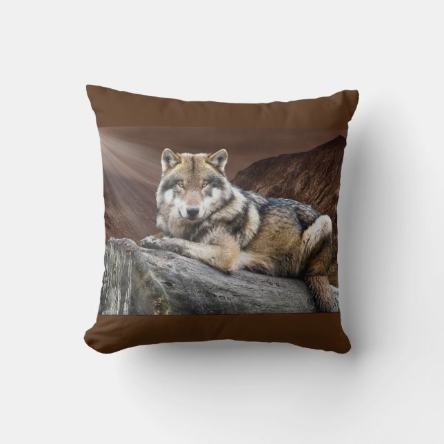 Resting Wolf On Rock Throw Pillow (Front)