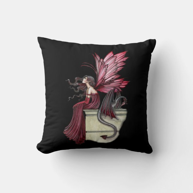 Restless Ruby Dragon and Faerie Throw Pillow (Front)