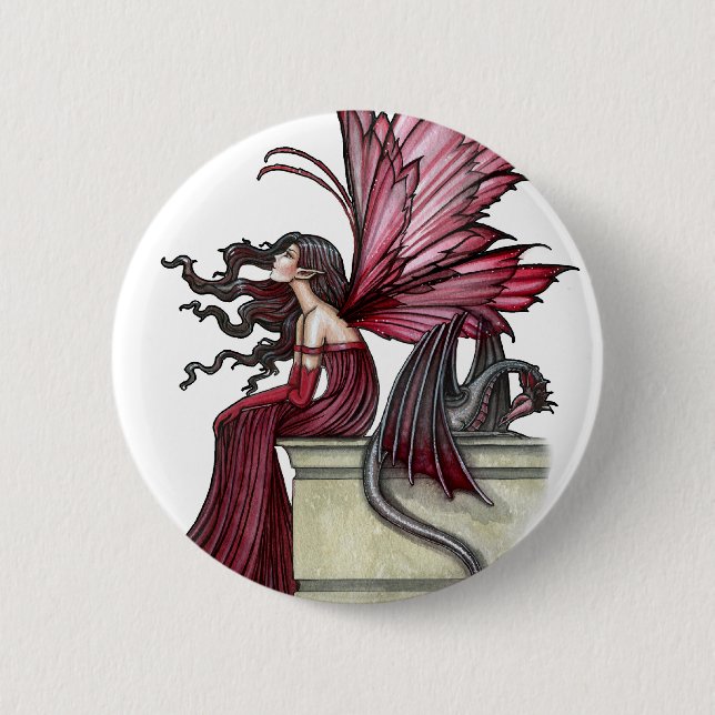Restless Ruby Gothic Red Fairy and Dragon Pinback Button (Front)
