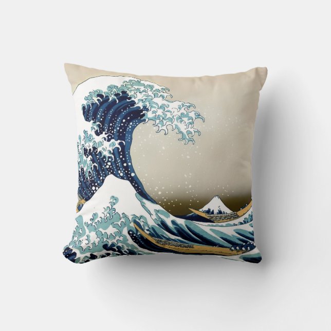 Restored Great Wave off Kanagawa by Hokusai Throw Pillow (Front)