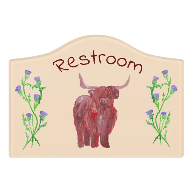 restroom bathroom highland cow thistle room sign (Small Crest Front)