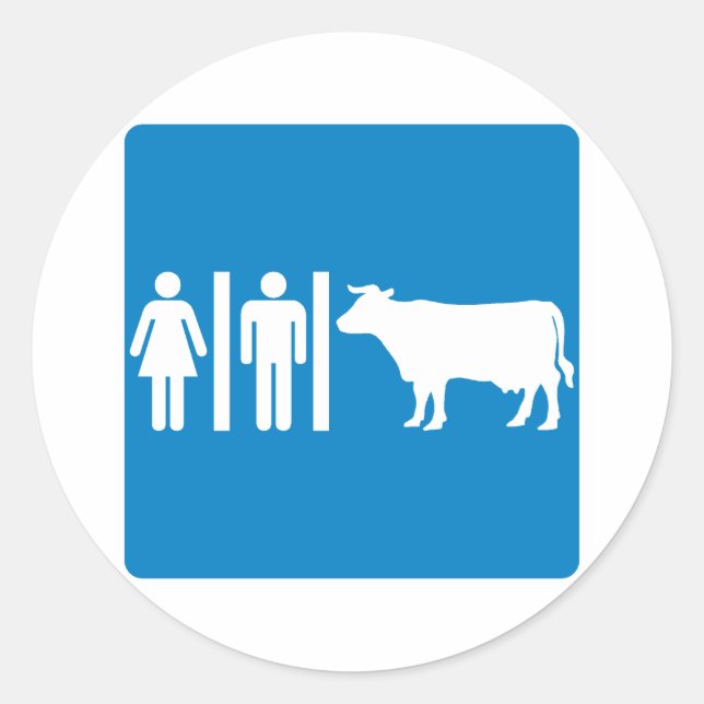 Restroom Facilities Humorous Highway Sign - COWS? Classic Round Sticker (Front)