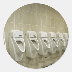 restroom interior with urinal row classic round sticker