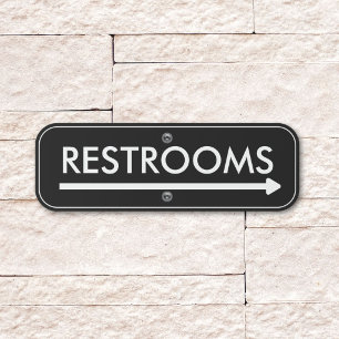 Restrooms Directional Arrow Black White Outdoor Metal Sign