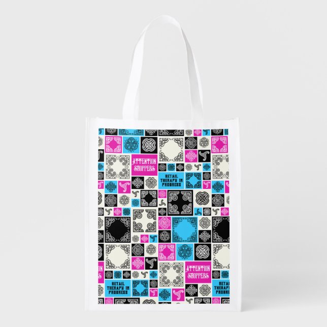 Retail Therapy In Progress Funny Magenta & Blue Grocery Bag (Front)