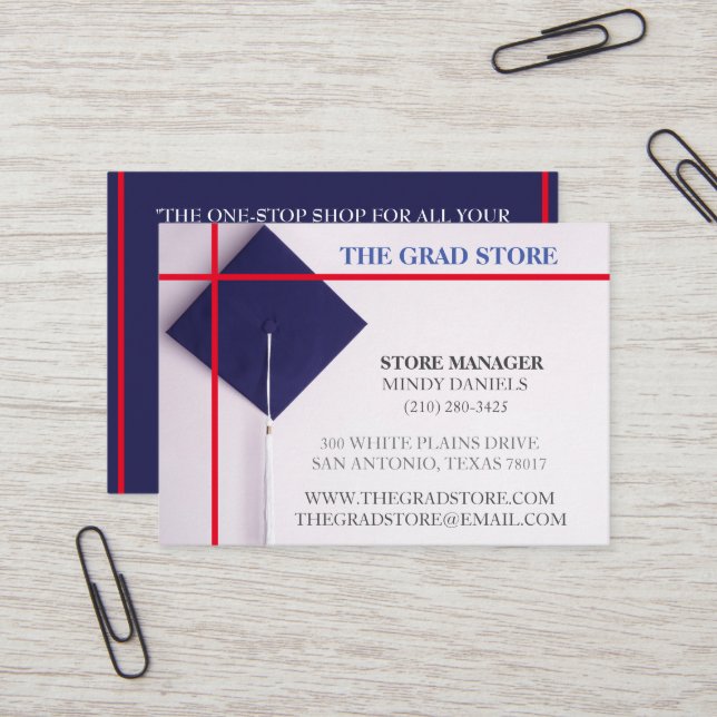 Retailer Navy & Red Graduation Cap Business Card (Front/Back In Situ)