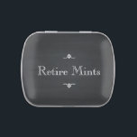 "Retire Mints" Chalkboard Black Vintage Candy Tin<br><div class="desc">Wishing a happy Retirement! Designs for any Occasion. More designs and matching items are available at my store. - http://www.zazzle.com/designbylang* -  Thanks for visiting!</div>