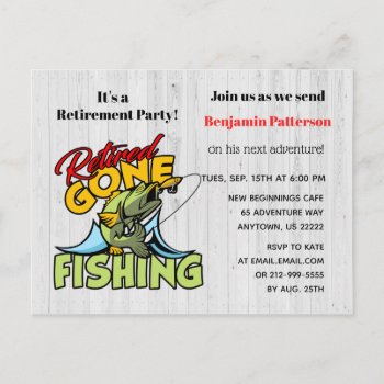 Retired And Gone Fishing Retirement Party Invitation Postcard by StargazerDesigns at Zazzle